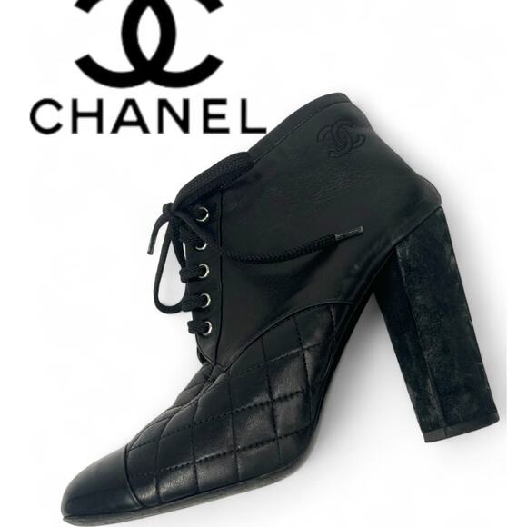 CHANEL boots 9 Matrasse Booties Short Heels Quilted Chunky Lace Up Women 39 - Picture 10 of 10